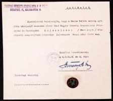 cca 1940 Magyar Nemzetiszocialista F. M. párt nyilaskeresztes jelvény, kapcsolódó okmánnyal / cca 1940 Hungarian National Socialist party badge and arrow-cross document