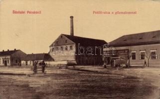 Pécska, Petőfi utca, gőzmalom, Gyorgyován József kereskedése; Ruber István kiadása / mill, shop (fa)