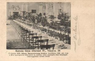 Budapest V. Katona Géza étterme, Váci utca 38. - őfelsége XIII. Alfonz spanyol király tiszteletére terített asztal (hátoldalán aláírások)