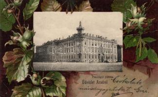 Arad, Pénzügyi Palota; kiadja Réthy L. és fia / palace of finance, floral litho (fa)