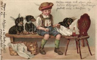Dachshunde, Meissner & Buch Künstler-Postkarten, artist signed litho
