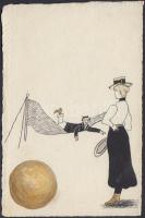 Tennis players, hand painted postcard