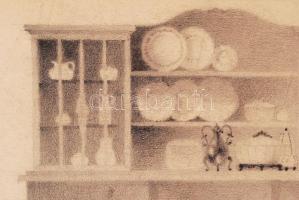 Györgyi Dénes (1886-1961): Ebédlőszekrény terve. Ceruza, papír. Hátoldalán pecséttel jelzett 30x28 c...