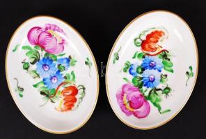 Herendi virágos mini ovális tálka (2db), kézzel festett, hibátlan, jelzett, 5×7 cm