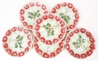 Szecessziós süteményes tányér (6db), jelzett csak formaszám, mázas fajansz, máz hibákkal, egyiken apró lepattanással, d:17 cm