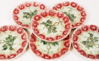 Szecessziós süteményes tányér (6db), jelzett csak formaszám, mázas fajansz, máz hibákkal, egyiken ap...