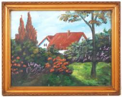 Idokub jelzéssel: Házak a  bokrok mögött. Olaj, karton , üvegezett keretben 24×32 cm