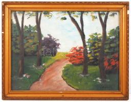 Idokub jelzéssel: Erdei út. Olaj, karton, üvegezett keretben 24×32 cm