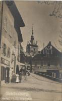 Segesvár, Schässburg; F. Linger kereskedése, munkásbiztosító pénztár / shops on castle hill