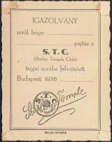 1936 Bp., Shirley Temple Club tagsági igazolványa előlapján Shirley Temple fotójával és nyomtatott a...