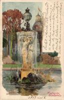1899 Karlsruhe, Schlossplatz, fountain, litho (EB)
