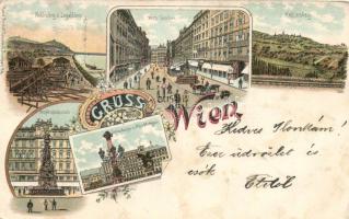 1899 Vienna, Kahlenberg, Leopoldsberg, Stefanienbrücke, Hotel Metropole, Graben, litho (EK)