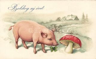 New Year, pig, mushroom, litho