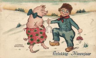 New Year, pig, humour, litho s: Martin Growald (Rb)