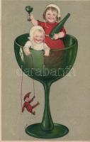New Year, children, champagne, litho