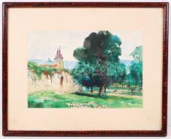 Kátai Mihály (1906-1983): A régi városfal. Akvarell, papír, jelzett, üvegezett keretben 18×27 cm