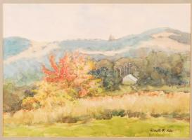 Felcsúti János: Mátraszentimre. Akvarell, papír, jelzett, üvegezett keretben, 32×46 cm