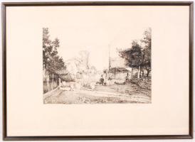 Dudás Jenő (1900-1991): Reggeli napsütés. Rézkarc, papír, jelzett, üvegezett keretben, 24×35 cm