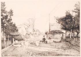 Dudás Jenő (1900-1991): Reggeli napsütés. Rézkarc, papír, jelzett, üvegezett keretben, 24×35 cm