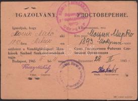 1945 Bp., Vendéglátóipari Munkások Szabad Szakszervezetének kétnyelvű tagsági igazolványa fényképpel