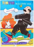 Csoma Béla: Tintin és a cápák tava. Rajzfilm plakát, hajtogatva 82×47 cm