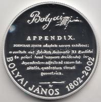 2002. 3000Ft Ag "Bolyai János" T:PP Tanúsítvánnyal, dísztokban