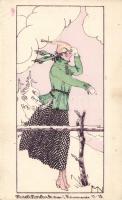 Modell Zwieback, Wien, fashion advertisement postcard, signed MN
