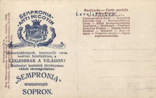 Landscape with girl, art photo postcard; Semprona Antinicotin, Sopron advertisement on backside
