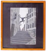 Kormos Balázs (1976-): Lépcsők fölött. Tempera, papír, jelzett, üvegezett keretben, 42×29 cm