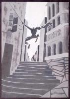 Kormos Balázs (1976-): Lépcsők fölött. Tempera, papír, jelzett, üvegezett keretben, 42×29 cm