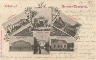 Csurgó, Somogy-Csurgó; Buchler Mór kereskedése, tűzoltó laktanya; Marton és Kálmán kiadása, floral