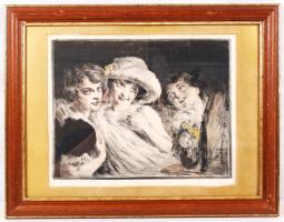 Prihoda István (1891-1956): Három lány a tükör előtt. Színezett rézkarc, papír, üvegezett keretben, 44,5x34,5cm