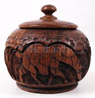 Afrikai mintás faragott fa bonbonier, d: 9 cm.