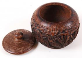 Afrikai mintás faragott fa bonbonier, d: 9 cm
