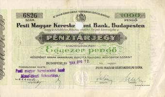 1944. Pesti Magyar Kereskedelmi Bank 1000P értékjegy, perforálva T:II
