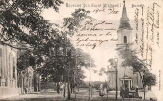 Kunszentmiklós, Piactér, templom; kiadja Bauer Gáspár