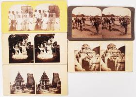 cca 1880-1890 India, 5 db keményhátú, feliratozott sztereofotó / India, 5 stereo-photos with subtitles, 8x17 cm.