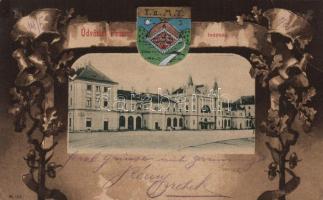 Pécs, vasútállomás, címer / coat of arms litho (b)