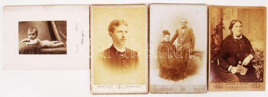 cca 1880-1910 Debreceni fotótörténeti leletek különféle műtermekből, 13 db kabinetfotó és vizitkártya, köztük egy platinotypia, 6x10 és 10x16 cm közötti méretekben.