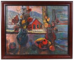 Molnár Róza (1900-1977): Virágcsendélet. Olaj, farost, jelzett, keretben, 60×80 cm