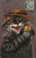 Cat with duck, litho (EK)