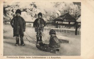 Romanian children, sledging, Carpathians