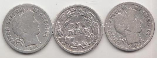 Amerikai Egyesült Államok 1899. 1d Ag + 1900. 1d Ag + 1913. 1d Ag T:3 USA 1899. 1 dime Ag + 1900. 1 dime Ag + 1913. 1 dime Ag C:F