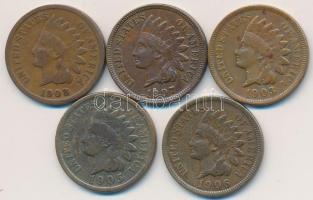 Amerikai Egyesült Államok 1903-1908. 1c (5x) mind klf T:2,2-,3 USA 1903-1908. 1 cent (5x) all different C:XF,VF,F