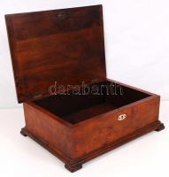 Restaurált biedermeier stílusú asztali doboz, nemes fa, intarziás, kulcs nélkül, 32×23 cm, m:11 cm