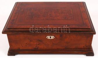 Restaurált biedermeier stílusú asztali doboz, nemes fa, intarziás, kulcs nélkül, 32×23 cm, m:11 cm