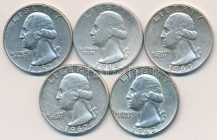 Amerikai Egyesült Államok 1944. 1/4$ Ag + 1962. 1/4$ Ag (2x) + 1963. 1/4$ Ag + 1964. 1/4$ Ag T:2,2-,3 USA 1944. 1/4 Dollar Ag + 1962. 1/4 Dollar Ag (2x) + 1963. 1/4 Dollar Ag + 1964. 1/4 Dollar Ag C:XF,VF,F