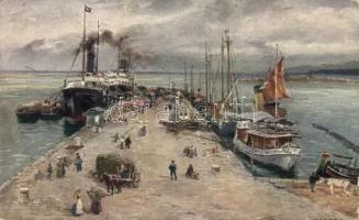Trieste, Molo S. Carlo, ships; B.K.W.I. art postcard (small tear)