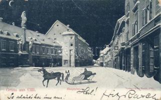 1899 Celje, Cilli at night, Main square, shop of Konrad Kager, statue, sledge (fa)