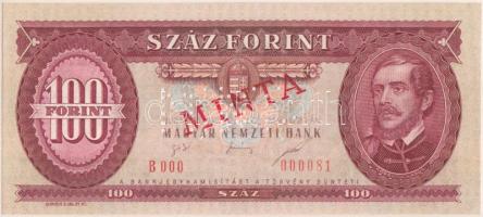 1995. 100Ft piros "MINTA" felülnyomással és perforációval illetve "B 000 - 000081" sorszámmal T:I Hungary 1995. 100 Forint with "MINTA" (specimen) overprint / perforation and "B 000 - 000081" serial number C:UNC Adamo F39Ma